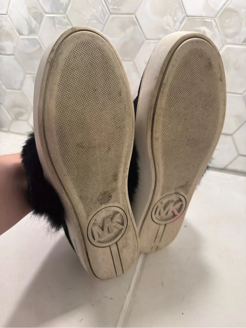 Michael Kors Maven Black Suede Slipon Sneakers Fur Cuff Sz 8.5 Chic Comfort